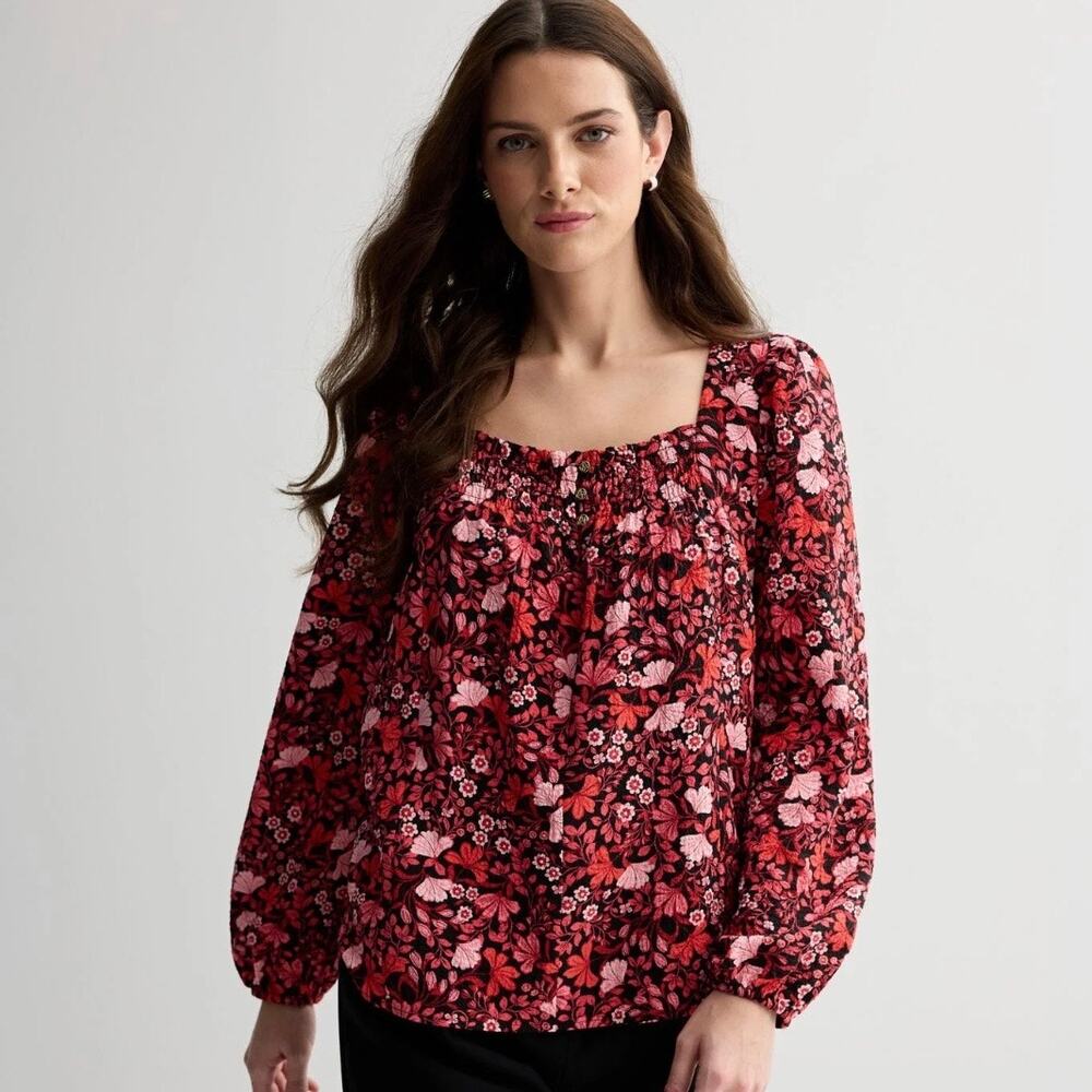 Draper James Allover Floral Print Long Sleeve Square Neck Top Red XL